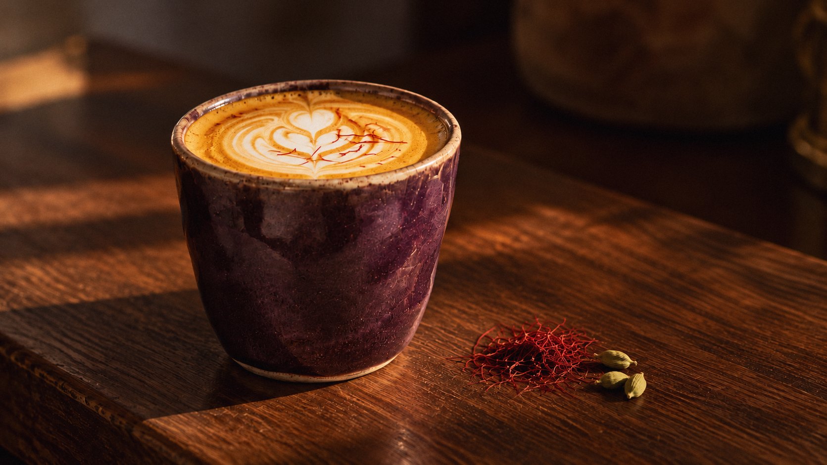 The saffron cortado in a plum cup, with saffron threads and green cardamom pods on dark wood