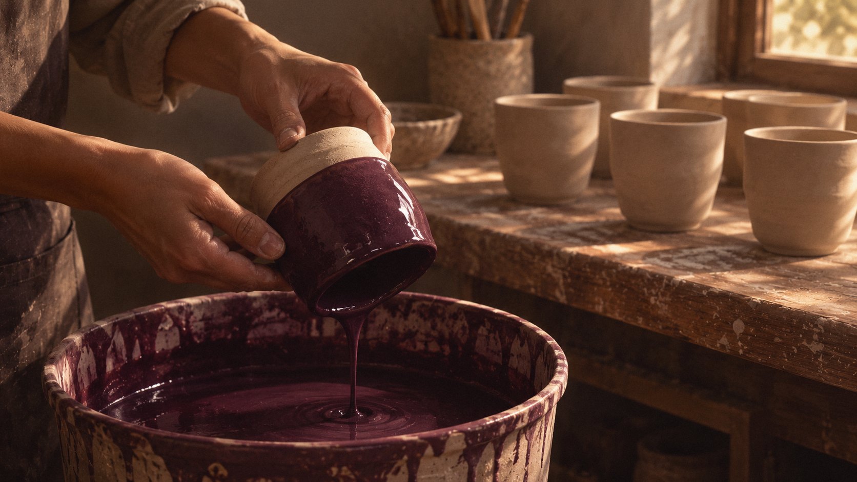 Hands dipping a raw clay cup into a bucket of plum glaze, unglazed cups waiting on the bench