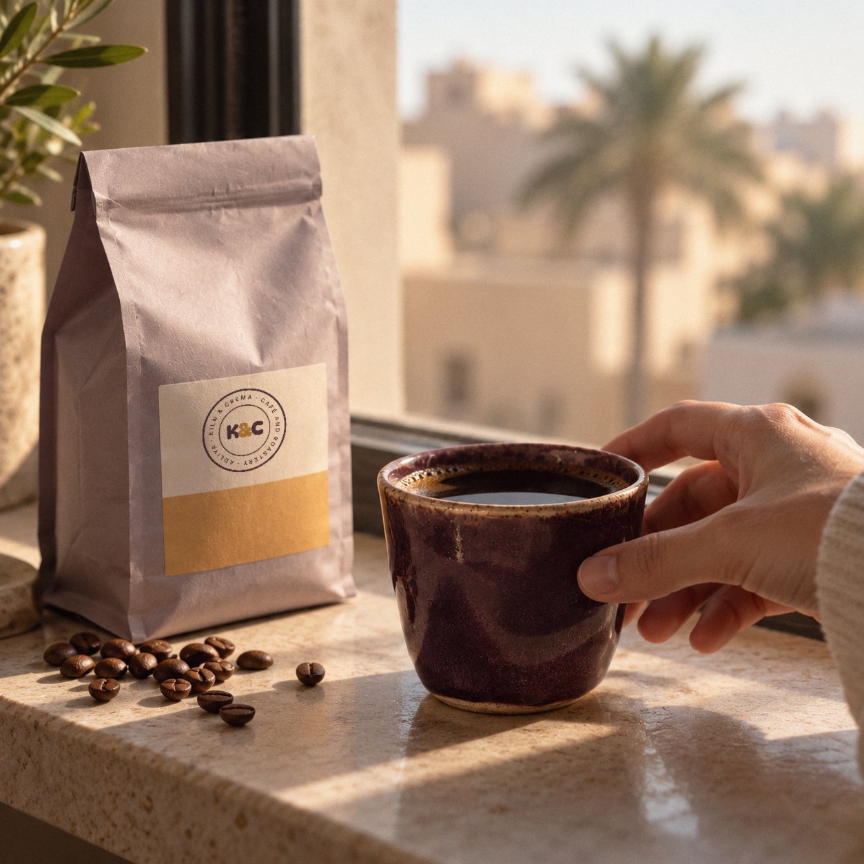 A plum cup of black coffee on a sunny windowsill at home, a lilac bag of beans beside it