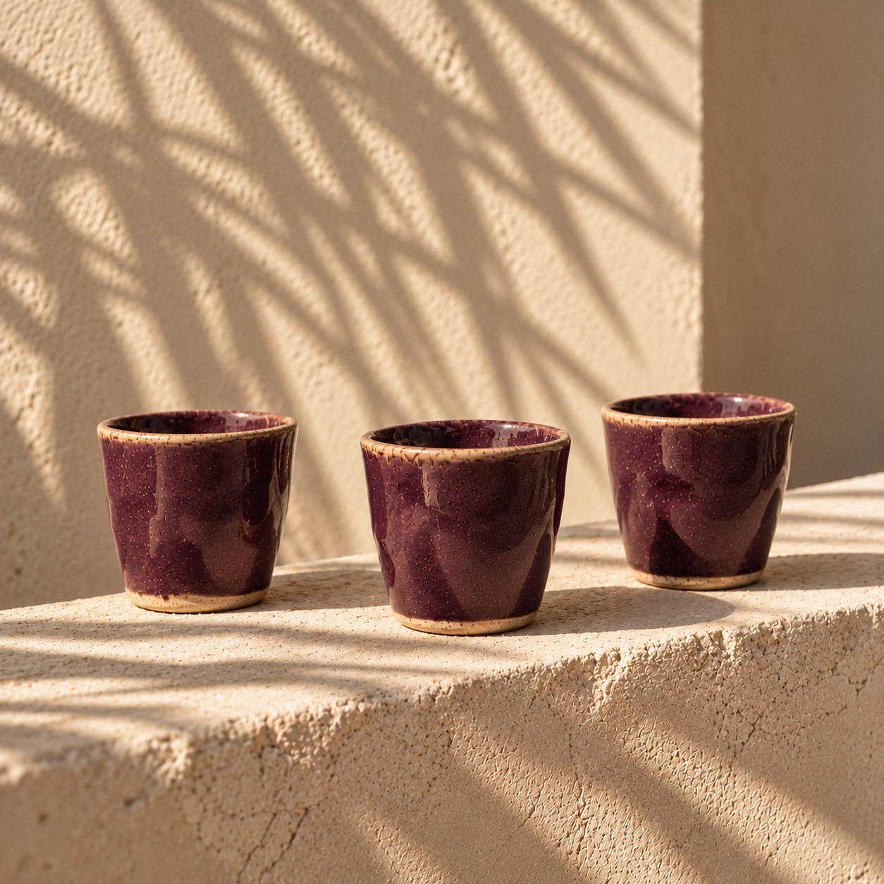 Three freshly glazed plum cups drying in the sun on a courtyard wall, palm shadows across the plaster