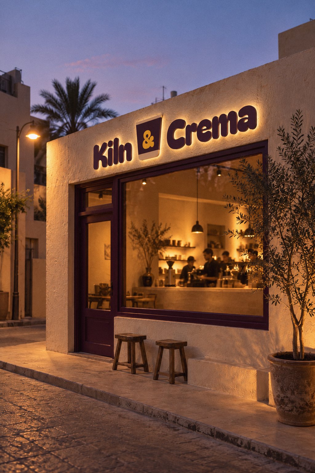 The café front at dusk, warm light through the big window, plum door and window frame, two stools outside