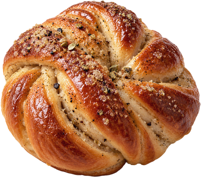 A glossy cardamom bun knot topped with cardamom sugar and crushed pistachio