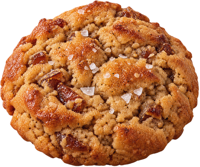 A thick date and tahini cookie with crackled top, pieces of date and flakes of sea salt